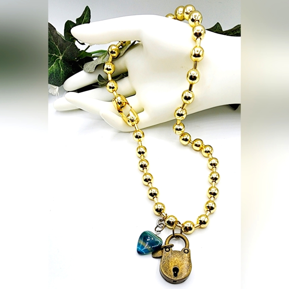Large bronze lock pendant, handcrafted,large ballchain, 21in